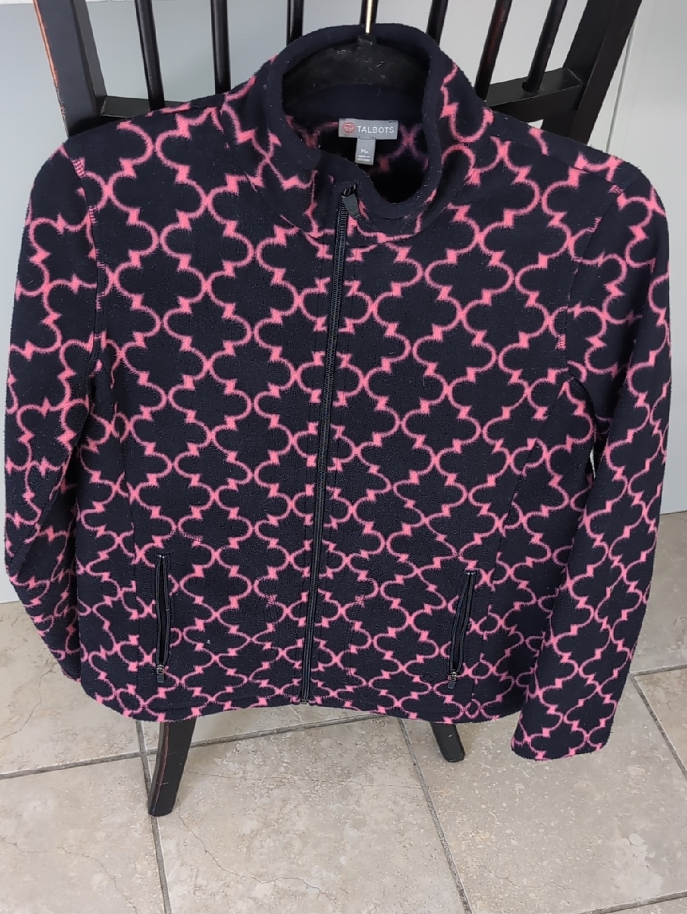 Talbots Black and Pink Geometric Zip Fleece Jacket